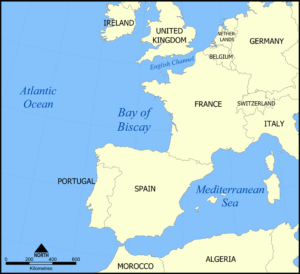 Kart over Biscaya. https://upload.wikimedia.org/wikipedia/commons/b/bc/Bay_of_Biscay_map.png
